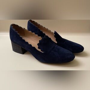 Chloe Lauren navy blue suede scalloped block heel loafers size 38 1/2 (7 1/2)